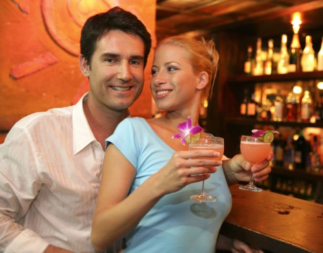 happy couple in love on bar in Railay Bay Resort