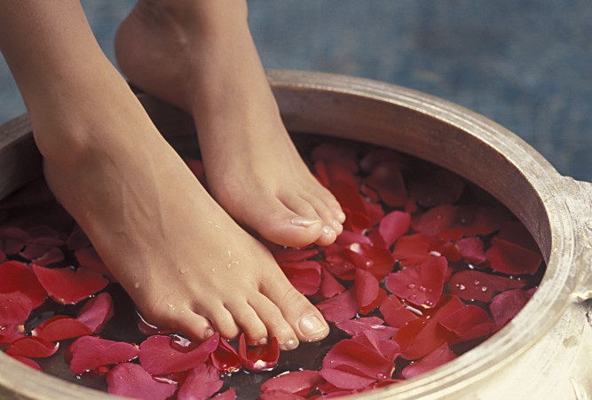 Footbath with rose petals