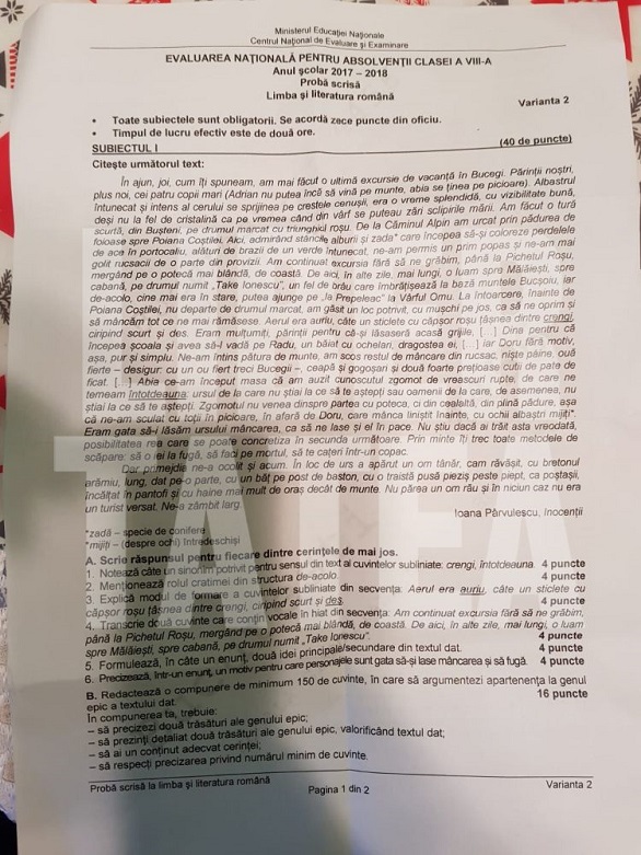 Evaluarea Națională 2018, Limba și Literatura Românã1