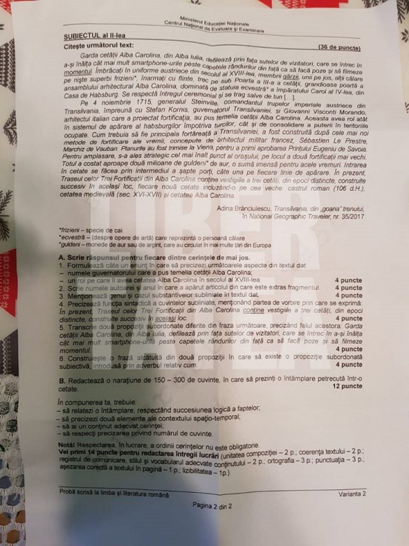 Evaluarea Națională 2018, Limba și Literatura Românã1