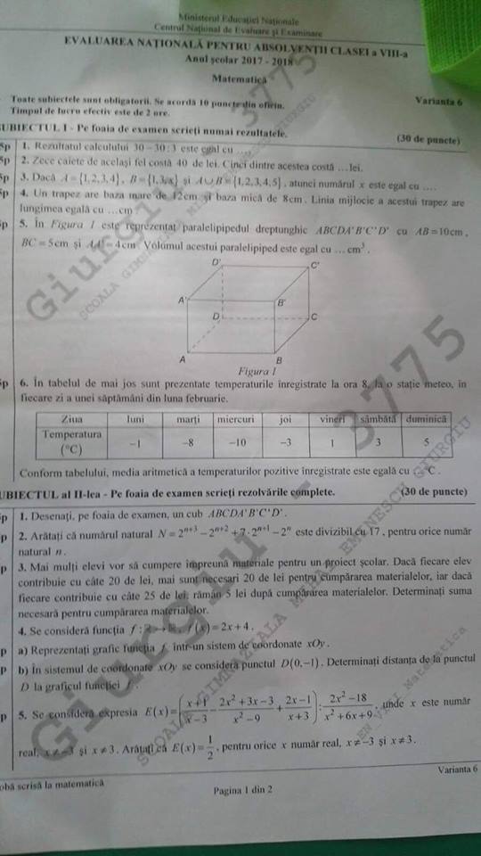 evaluarea națională 2018 proba la matematică