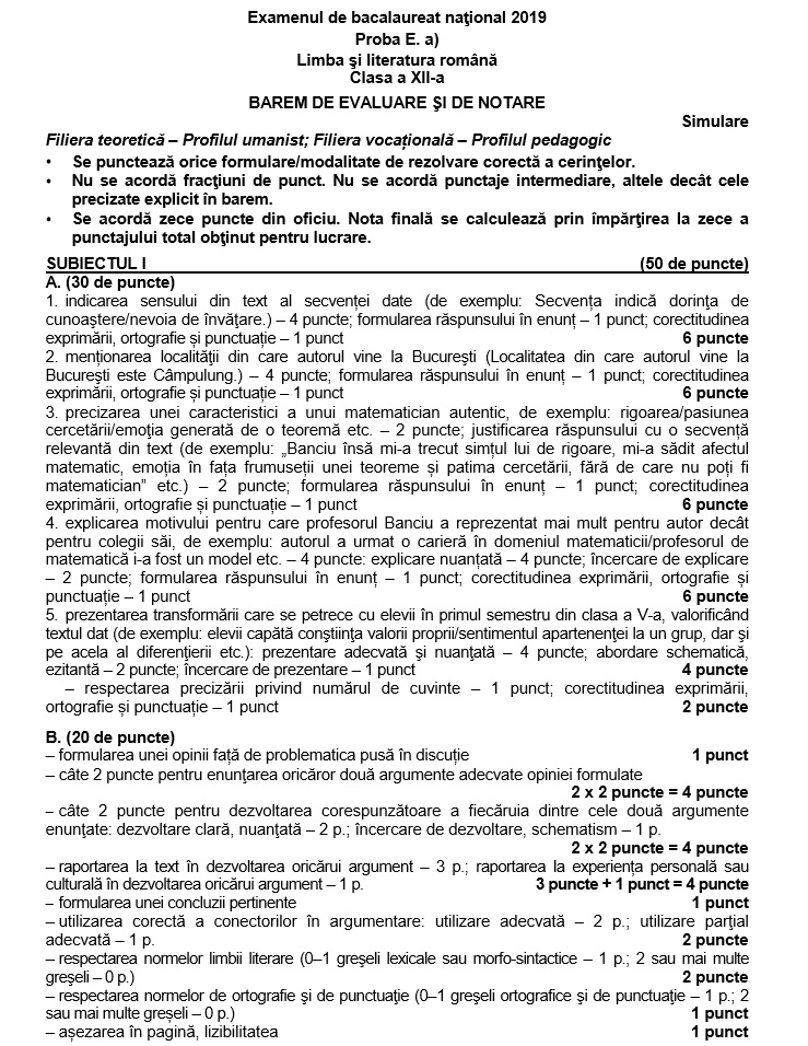 Simulare Bacalaureat 2019 Ce Subiecte Au Avut De Rezolvat Elevii La Limba Èi Literatura RomanÄ Èi Cum AratÄ Baremul De Corectare Educatie Avantaje Ro De 20 De Ani Pretuieste Femei Ca Tine