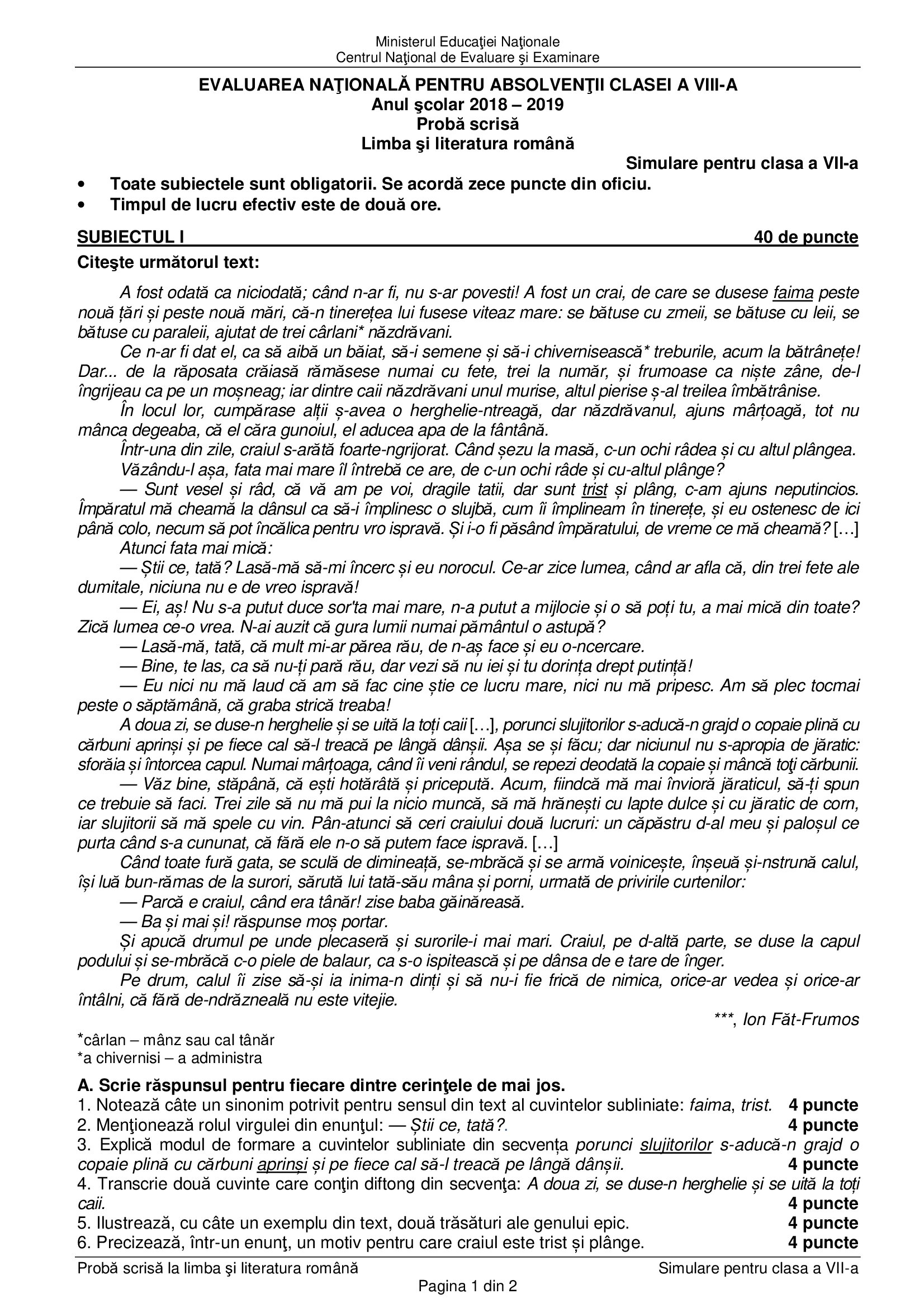 Simulare Evaluare Națională 2019